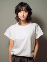ai généré portrait de une magnifique asiatique femme dans blanc T-shirt photo