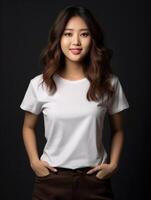 ai généré portrait de une magnifique asiatique femme dans blanc T-shirt photo