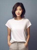 ai généré portrait de une magnifique asiatique femme dans blanc T-shirt photo