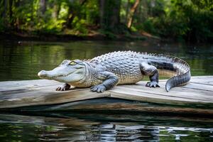 ai généré imposant alligator s'étale gracieusement, incorporant force et sérénité photo