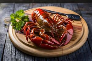 ai généré parfumé bouilli écrevisse sur en bois conseil, culinaire délice photo