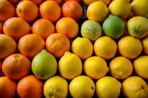 ai généré Orange citrons dans marché, Frais agrumes fruit afficher, produire photo