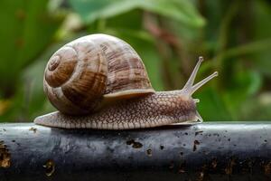 ai généré grand escargot explore le fer profil, mettant en valeur lent, délibérer mouvement photo