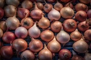 ai généré oignons a trouvé sur marché décrochage, oignon concept, culinaire Contexte photo