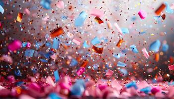 ai généré coloré confettis chute sur Contexte. rose et bleu confettis pour anniversaire des soirées et autre célébrations et festivités. différent en forme de confettis photo