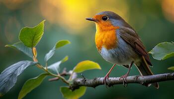 ai généré Robin sur une branche. fermer de oiseau sur branche. magnifique oiseau permanent sur une branche photo