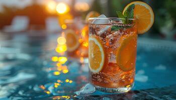 ai généré cocktail avec la glace près le bassin pendant été temps. alcoolique boisson rafraîchissement pendant été chaleurs près le bassin. Orange et citrons photo