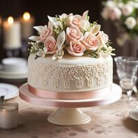 ai généré de fête gâteau décoré avec fleurs fabriqué de culinaire du mastique. photo