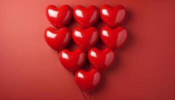 ai généré rouge brillant des ballons posé en dehors dans le forme de une cœur sur une rouge Contexte. photo