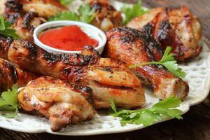 grillé poulet jambes sur en bois table servi sur blanc assiette avec coriandre photo