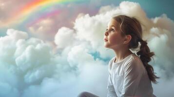 ai généré une Jeune fille a amusement en jouant dans sa pensées rêves et la créativité ,fille avec nuage et arc en ciel pop en haut au dessus sa tête . photo