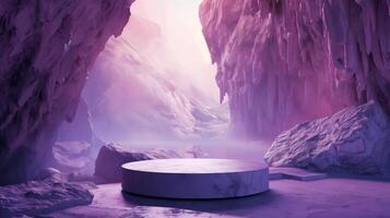 ai généré fantaisie violet et rose la grotte scène avec podium pour produit vitrine . photo