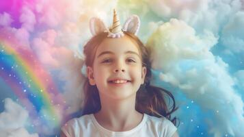 ai généré une Jeune fille a amusement en jouant dans sa pensées porter Bandeau comme Licorne ,fille avec nuage et arc en ciel pop en haut au dessus sa tête . photo