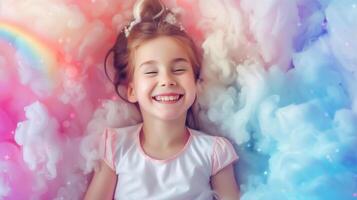 ai généré une Jeune fille a amusement en jouant dans sa pensées rêves et la créativité ,fille avec nuage et arc en ciel pop en haut au dessus sa tête . photo