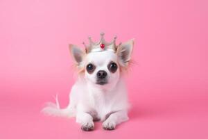 ai généré duveteux blanc chihuahua chien portant d'or couronne avec rubis sur sa diriger, pose dans centre de rose solide Contexte. Royal race, reine chien. mode beauté pour animaux domestiques. photo