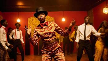 ai généré le africain femme portant une rouge robe et une noir chapeau, permanent dans une pièce avec une rouge rideau., génératif ai photo