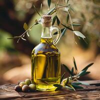 ai généré traditionnel vierge Olives pétrole dans bouteille photo