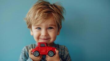 ai généré peu garçon étreindre voiture jouet sur pastel bleu Contexte photo