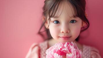 ai généré peu fille avec une rose pivoine fleur sur pastel rose Contexte photo