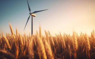 ai généré vent turbine dans une blé champ photo