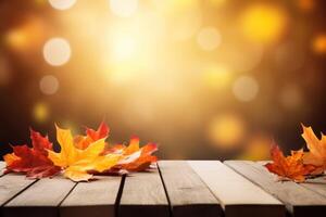 ai généré l'automne feuilles sur une en bois table photo