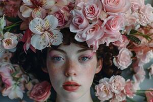 ai généré femme orné avec fleurs dans cheveux photo