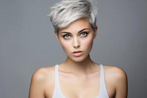 ai généré femme avec court gris cheveux photo