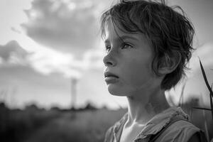 ai généré poignant enfant portrait dans travail réglage au milieu de des champs ou industriel toile de fond 2024 photo