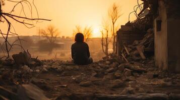 ai généré la personne séance dans solitude au milieu de le ruines à coucher de soleil, reflétant sur destruction et espoir. photo