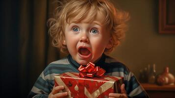 ai généré Jeune enfant avec large yeux en portant une cadeau, expression de surprise et joie. photo