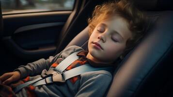 ai généré en train de dormir enfant dans voiture siège. sécurité et se soucier dans Voyage concept. photo