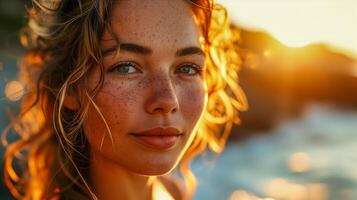 ai généré fermer portrait de une Jeune femme avec taches de rousseur à le coucher du soleil. d'or heure la photographie pour mode de vie conception et impression avec lumière du soleil et bokeh effet. photo