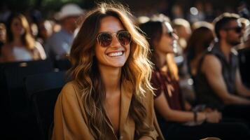 ai généré souriant femme dans décontractée tenue portant des lunettes de soleil à un Extérieur un événement avec flou public dans Contexte. mode de vie et loisir concept. conception pour mode de vie magazine, un événement couverture. photo