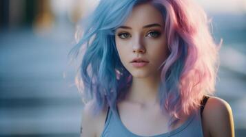 ai généré Jeune femme avec pastel bleu et rose cheveux en plein air à le coucher du soleil. rue style portrait. photo