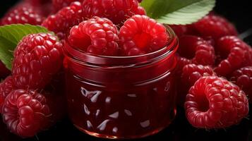 ai généré framboises et confiture dans une verre bol avec vert feuille accent photo