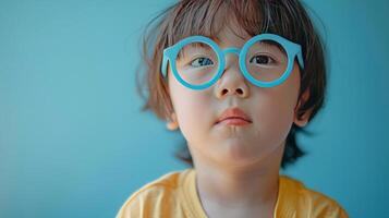 ai généré peu garçon avec bordé de bleu des lunettes de soleil sur pastel bleu Contexte photo