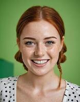 ai généré roux femme Bureau portrait. content souriant Dame avec taches de rousseur et vibrant roux tresses portrait sur lieu de travail. photo