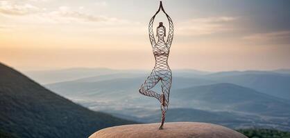 ai généré femme dans yoga pose, courbé câble figure sur la nature toile de fond, Créatif Les figures symbole de yoga et harmonie, art et sérénité intersection. femelle aptitude yoga routine concept. en bonne santé mode de vie photo