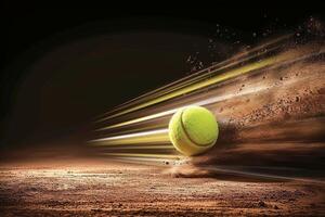 ai généré dynamique image de une tennis Balle dans mouvement sur argile tribunal photo