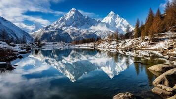 ai généré majestueux Montagne réflexion dans une serein alpin Lac photo