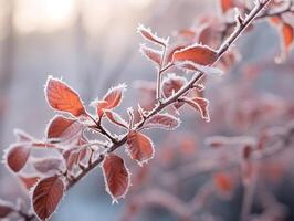 ai généré embrassé par le gel feuilles à Aube photo