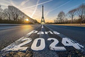 ai généré lever du soleil plus de Paris avec une allusion de le 2024 Jeux olympiques photo