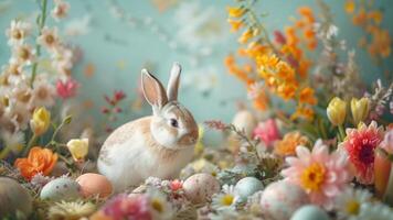 ai généré Pâques lapin au milieu de une coloré floral afficher avec des œufs photo