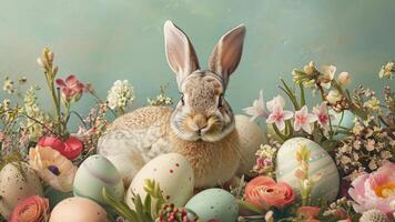ai généré Pâques lapin avec décoratif des œufs et printemps fleurs photo