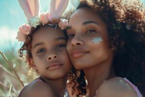 ai généré mère et fille célébrer Pâques en plein air photo