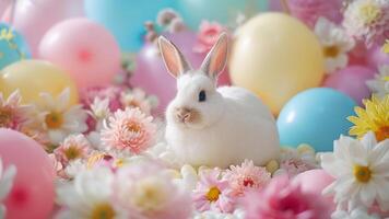 ai généré blanc lapin au milieu de une délicat floral et ballon arrangement photo