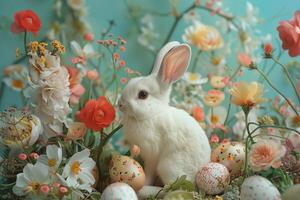 ai généré blanc lapin entouré par Pâques fleurs et des œufs photo