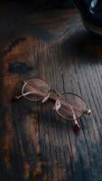 ai généré image de stock vieux façonné lunettes sur antique en bois bureau, ancien style verticale mobile fond d'écran photo