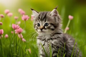 ai généré adorable chaton captivé par le beauté de natures merveilles photo