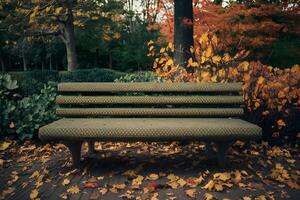 ai généré l'automne banc dans parc vitrines texturé surface au milieu de saisonnier feuillage photo